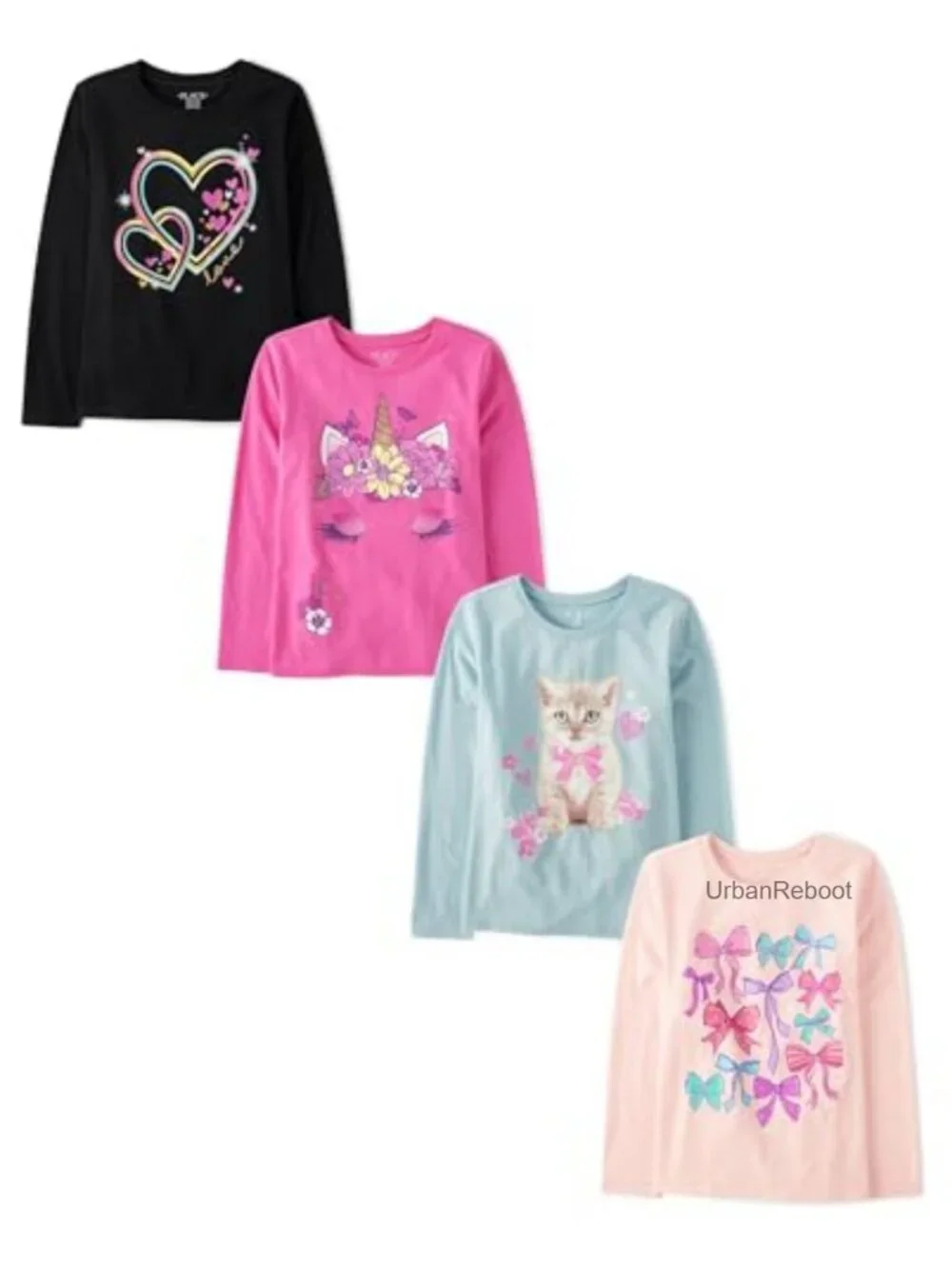 Girls Long Sleeve Graphic Tee 4 Pack Unicorn Cat Bows Cotton Blend